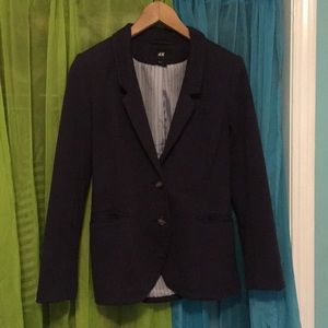 Navy blue H&M blazer with tan elbow patches